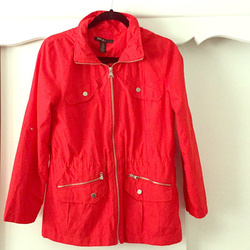 Red water resistant light zip up jacket
